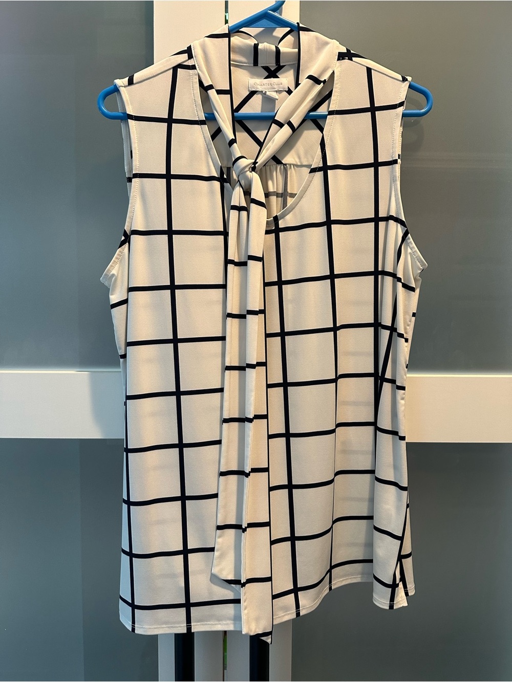 Charter Club Black and White Windowpane Tie-Neck Sleeveless Camisole